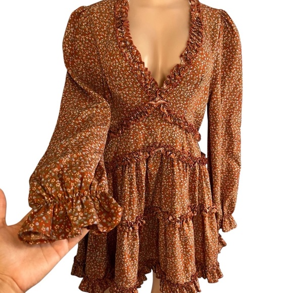 3/$30 🍂 Lulus Admire You Orange Floral Print Ruffled Long Sleeve Mini Dress - Picture 8 of 9